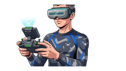 Pilot Immersed in Technology: A person is using a remote control while wearing virtual reality goggles, experiencing an innovative interface for aerial control and advanced technology.