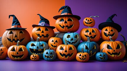 Multicolored Pumpkins with Carved Faces and Festive Decor