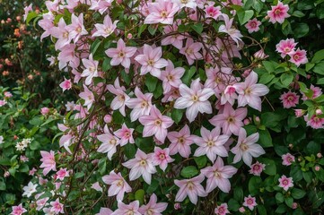 Naklejka premium Vibrant pink blossoms with climbing vines in a natural garden setting
