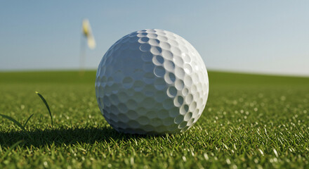 Obraz premium Golf Ball on Lush Green Fairway with Flag in Background