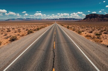 Fototapeta premium Aerial view from above of a weathered desert highway with fractured pavement