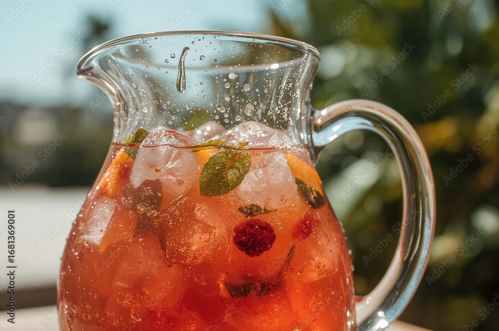 Poster refreshing punch served in a glass pitcher on a warm day. the beverage is cold. focused shot with a 