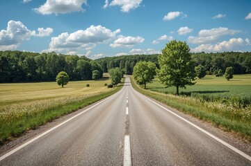 Naklejka premium Paved pathway winding through grassy plains and woodland. Stunning summertime scenery with roadside foliage. Theme of adventure into uncharted territory. Picturesque rural setting under bright