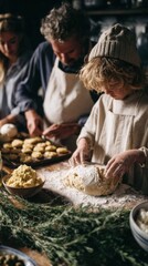 In a lively kitchen, several family members are busily preparing dough and baking delicious treats. The atmosphere is filled with flour and joy as they collaborate on their culinary creations