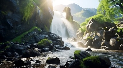 A dramatic waterfall gushing down deep grey cliffs, surrounded by jagged boulders and soft green moss, white water crashing into a foamy pool below.