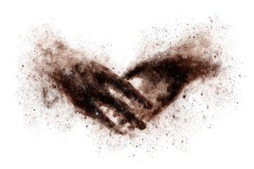 Two clasped hands, dark brown, imprinted on a light beige, speckled, textured field