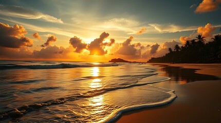 “Tropical beach at golden sunset on cast bronze surface, ultra-realistic photorealistic scene, cinematic lighting, vibrant colors, wide-angle 8K high-detail nature image”