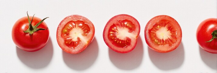 Fresh, whole, and sliced tomatoes arranged in a row on a white background
