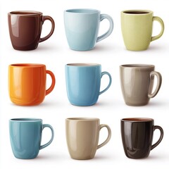 Collection of colorful ceramic mugs displayed on a white surface, studio shot aesthetic design