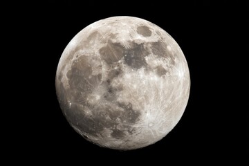 Close-up of a light brownish-gray full moon against a black backdrop, showcasing lunar craters and surface texture