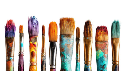 Row of colorful, used paintbrushes