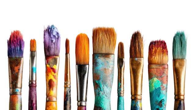 Row of colorful, used paintbrushes