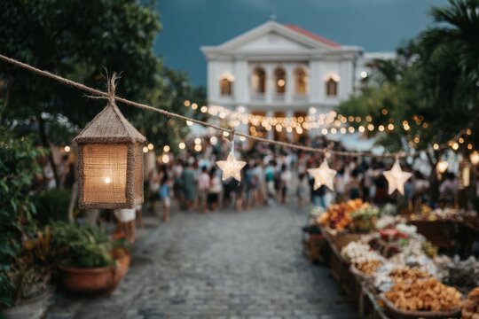 Simbang Gabi tradition takes place outside a church adorned with lights, where crowds enjoy festive activities and browse local food stalls at dusk
