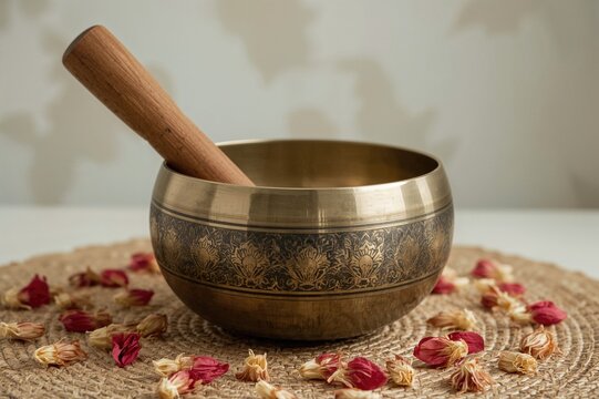 Detailed view of a metal singing bowl and mallet placed on a surface adorned with dried flowers, associated with sound therapy and holistic healing practices