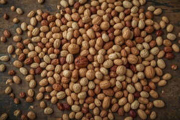 Rustic table display featuring a mix of walnuts and peanuts