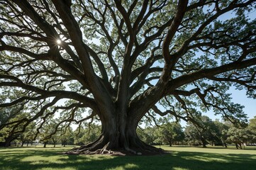 Fototapeta premium Ancient large tree standing in the green space