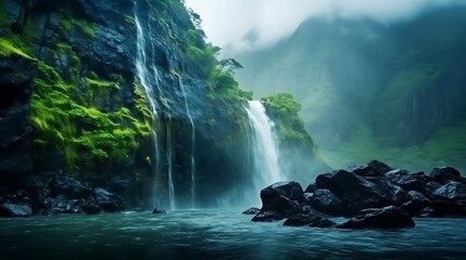 A fierce waterfall cascading down jagged dark cliffs, framed by rich green moss and deep shadows, crashing into a swirling, frothy blue pool, overcast sky adding a moody atmosphere, full-frame,