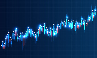 Glowing candlestick stock chart with blue and red bars on dark background, symbolizing trading, finance, investment, economy, and market analysis.