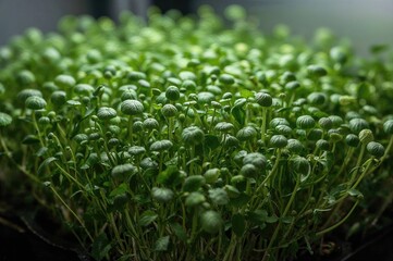 Close-up view of fresh microgreens thriving in a pot illuminated by a lamp indoors. Dill, cilantro, and parsley nurtured with artificial light. Indoor herb garden with homegrown greens.