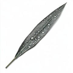 A long, dark gray leaf with water droplets