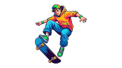 Obraz premium Skateboarder's Aerial Dance: An illustrated scene captures a skateboarder executing an impressive trick, set against a backdrop of motion and style.