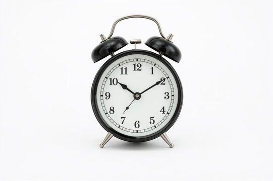 Vintage Black Table Clock with Patterned Design on White Background Showing 10 O'clock