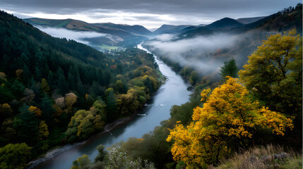 A panoramic river view flowing through vibrant autum valleys, with misty mountins in the background and olden leaves in the foregrund.