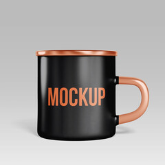 Black mug mockup with copper trim realistic vector illustration for product presentation isolated on white background
