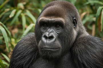 Naklejka premium Close-up of an adult male silverback gorilla in its natural environment