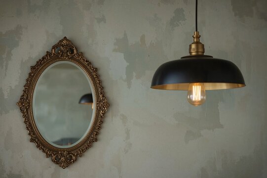 Blurred antique oval mirror in a decorative frame with a contemporary ceiling pendant light. Retro reflective surface and futuristic lampshade against a textured wall. Interior design