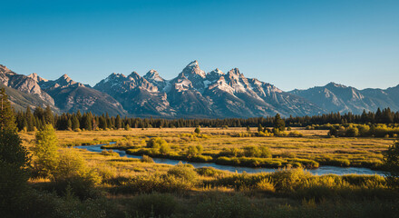 Fototapeta premium Majestic Teton Range at Sunrise Over Golden Meadow