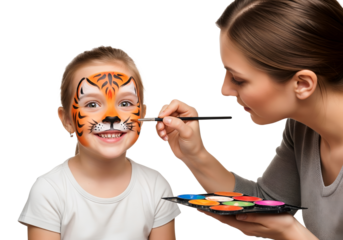 joyful little girl getting her face painted like tiger by artist