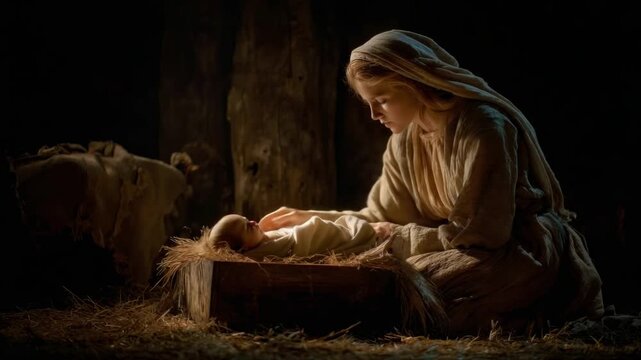Mary leans over the newborn in a manger, radiating peace and love during the moment of Christ's birth.