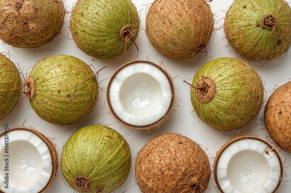 Poster fresh young coconuts displayed creatively on a white background with healthy foods in a flat lay arr