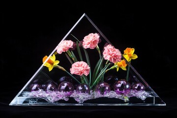 A triangular acrylic display showcases a delicate floral arrangement featuring pink carnations and daffodils, nestled amongst purple orbs within a clear, geometric framework.