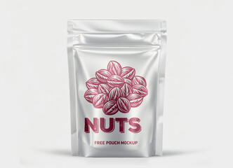 Silver stand up pouch mockup with nuts design realistic packaging template for branding and product presentation isolated on white