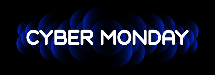 Panoramic Cyber Monday banner with white text on a black background. Blue gradient bubbles create a dynamic abstract effect, perfect for promotions, sales, and online marketing.