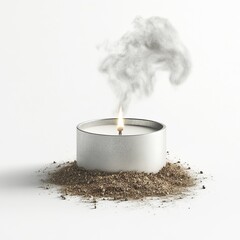 A round, metallic gray candle sits atop a small mound of brown, granular material.  Smoke rises from the lit candle