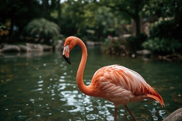 Fototapeta premium Zoo exhibit featuring a vibrant pink flamingo