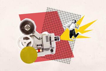 Image trendy art banner collage of happy man jump shooting retro camera paparazzi rec video cadre...