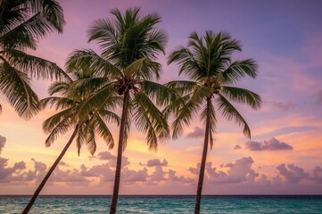 Obraz premium Tropical palm trees at a vibrant beach during sunrise or sunset, ideal for summer vacations and ocean escapes.
