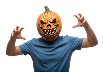 Man wearing scary pumpkin latex mask with blue t-shirt scares with his hands, on orange background. Halloween and days of the dead concept.