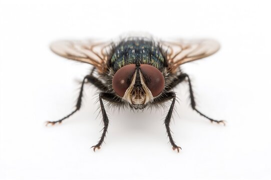 Close-up of a common fly against a white backdrop