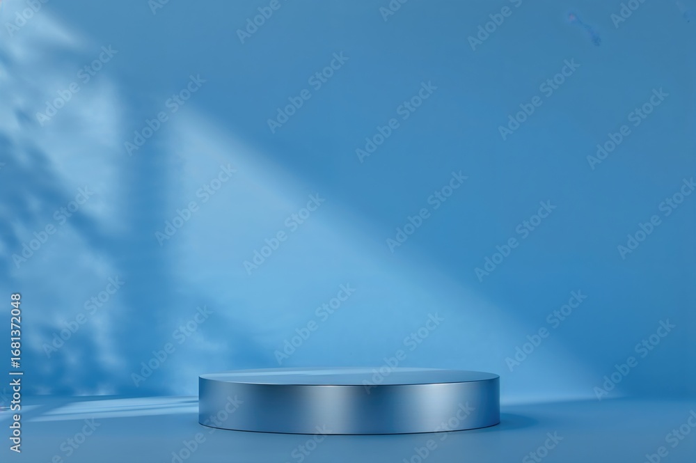 Aufkleber product display on a circular platform with a blue gradient backdrop featuring light and shadow effe