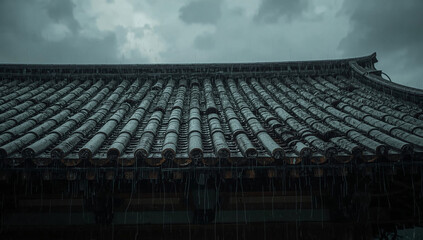 Fototapeta premium Traditional Japanese Roof in a Rainstorm – Broken Tiles and Atmospheric Storm Scene