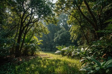 Obraz premium Peaceful old-growth forest bathed in sunlight with dense greenery