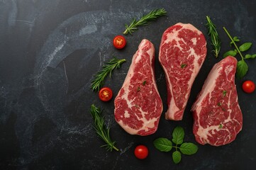 Fresh raw meat cuts prepared for grilling on a dark slate surface with cherry tomatoes, chili peppers, and herbs. Flat lay with space for text, food banner background.