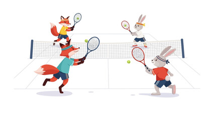 Furry Friends' Tennis Match: Two foxes and two rabbits engage in a spirited tennis match, showcasing playful competition, skill, and teamwork on the court.