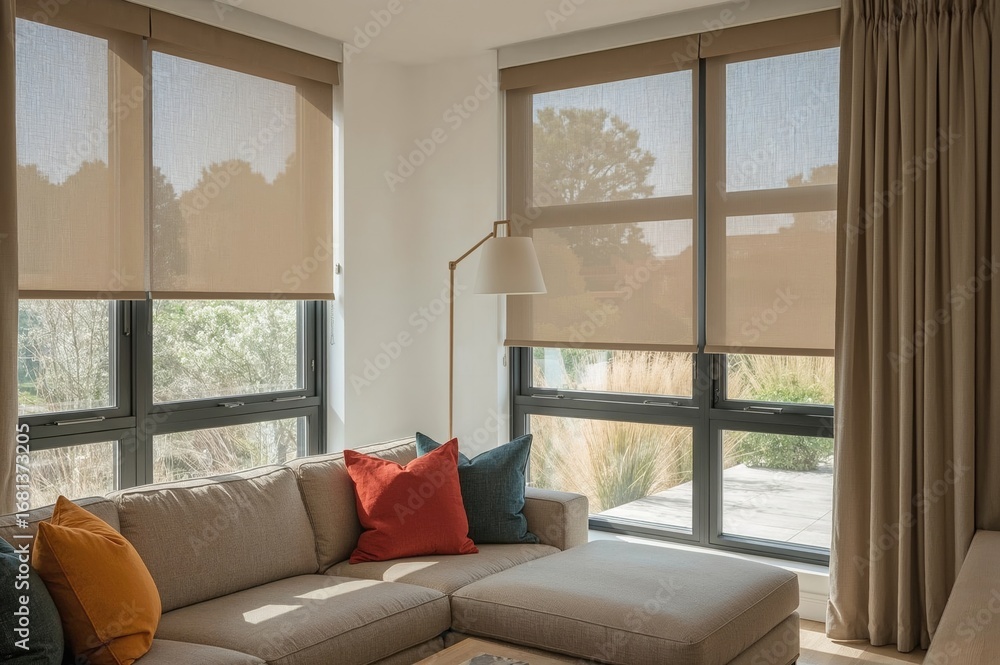 Poster automated roller shades installed over tall windows in a bright room with a sofa adorned with vibran