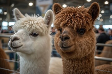 Obraz premium Close-up of alpacas at a livestock fair, showcasing farming and animal husbandry themes